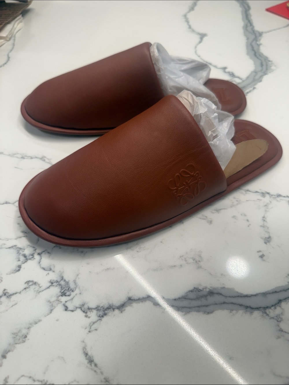 Loewe Logo Embossed Brown Leather Round Toe Slip On Slippers Size 41